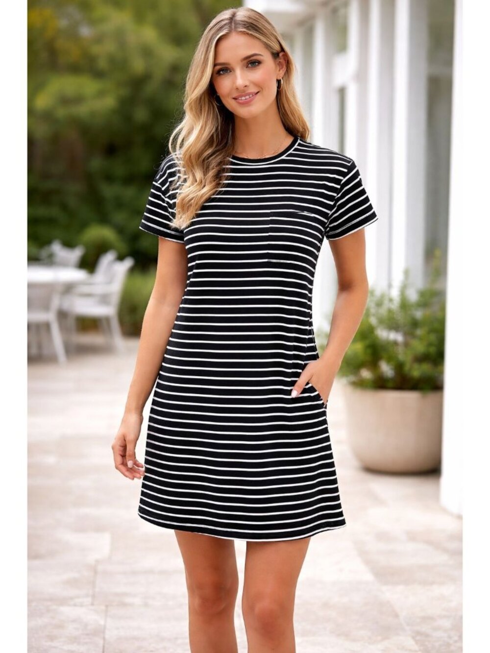 Universal Thread Tshirt Dress NWT XS women Black White Stripes Pocket Round Neck